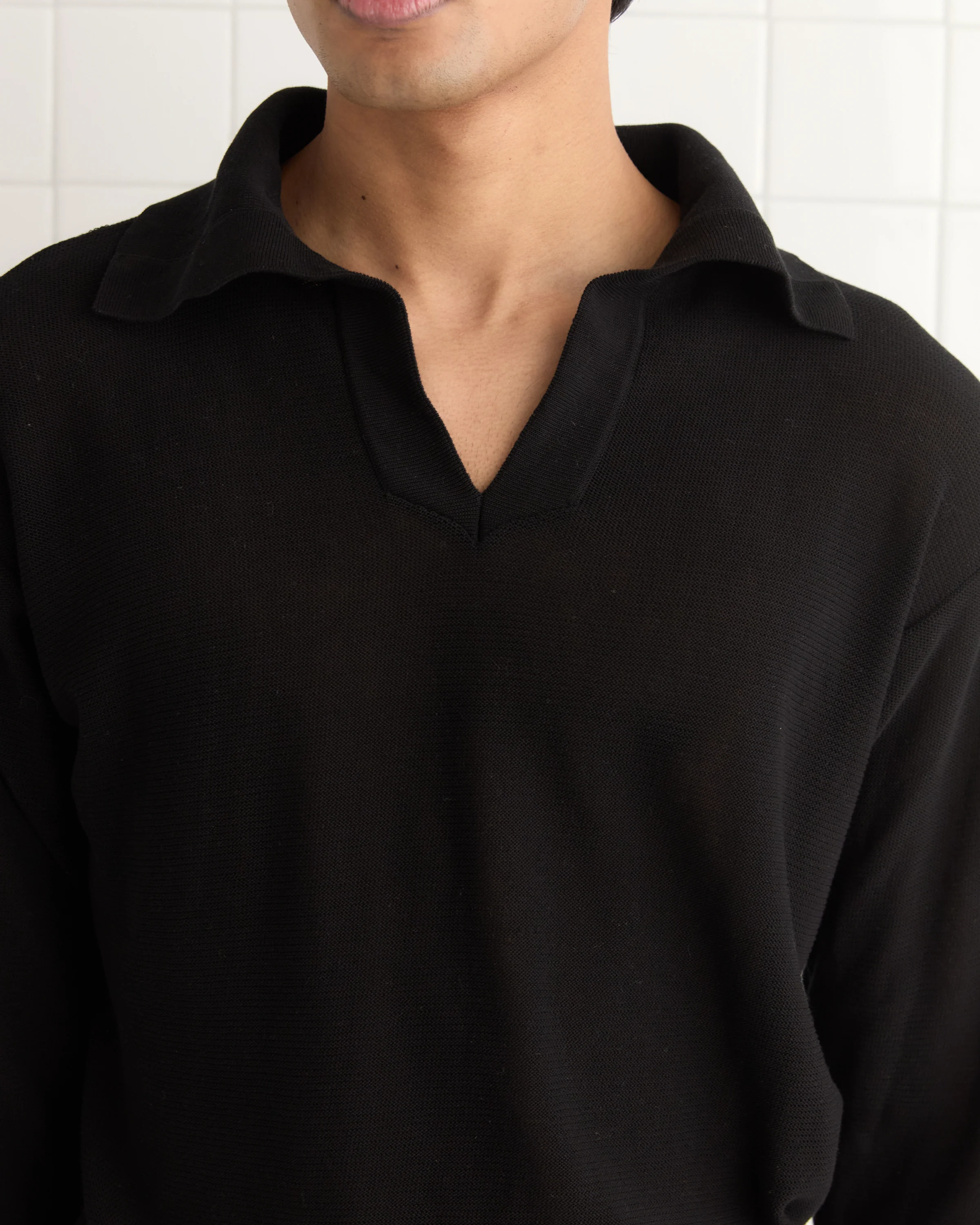 Boxy Long Sleeve Polo - Black - Image 2