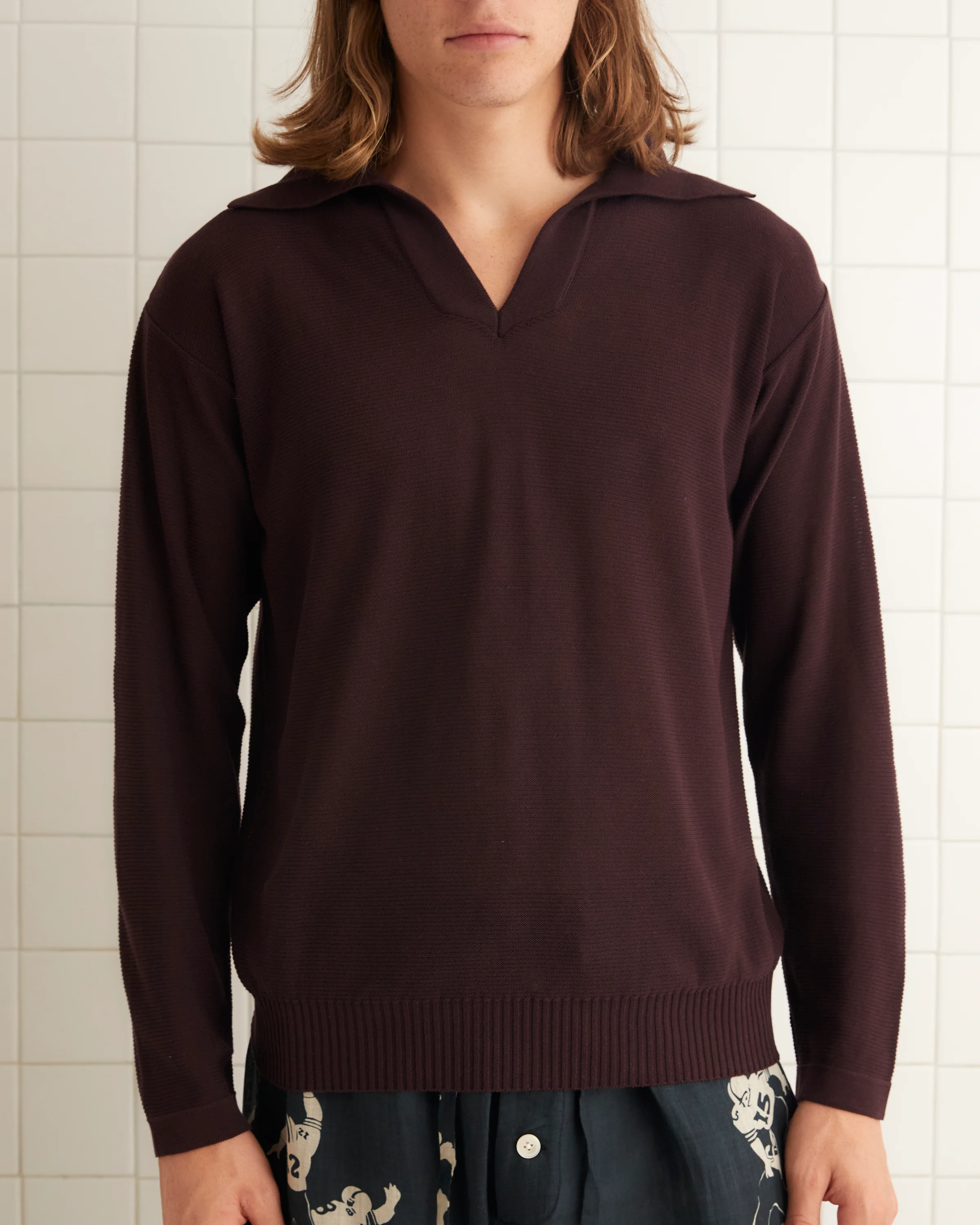 Boxy Long Sleeve Polo - Brown/Black - Image 3