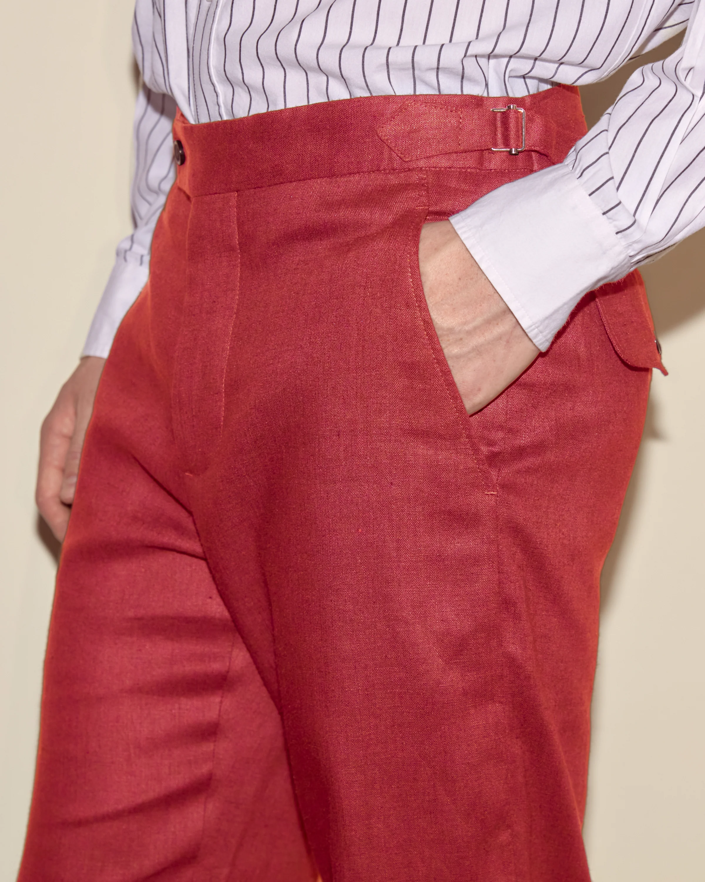 Lightweight Linen Side-Buckle Trousers - Red - Image 2