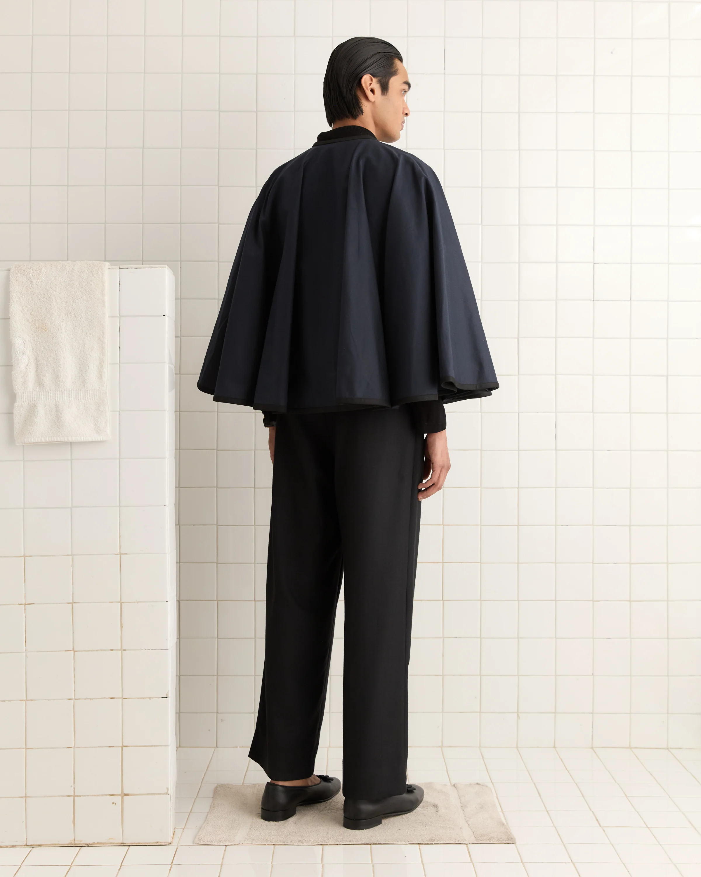 Waxed Herringbone Rain Cape - Navy - Image 3